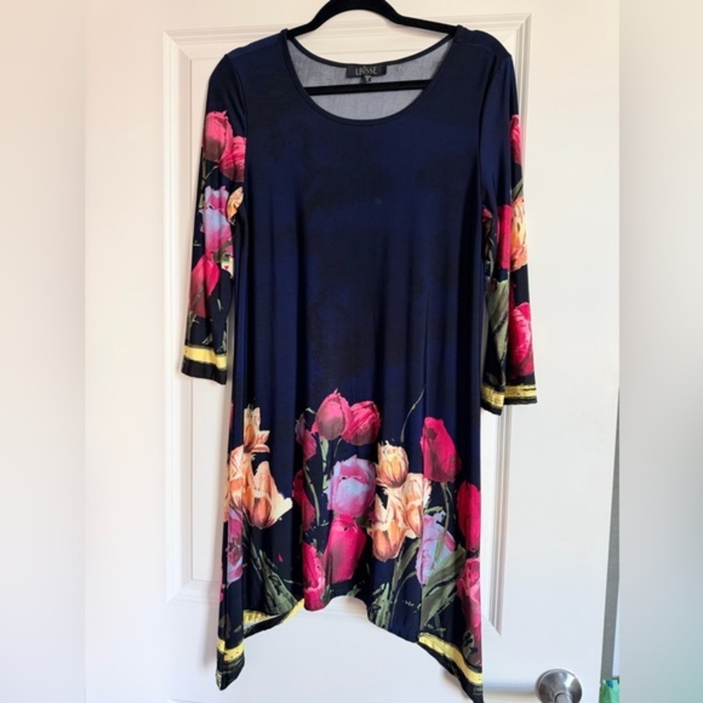LBISSE Women's Quarter Sleeve Floral Navy Dress